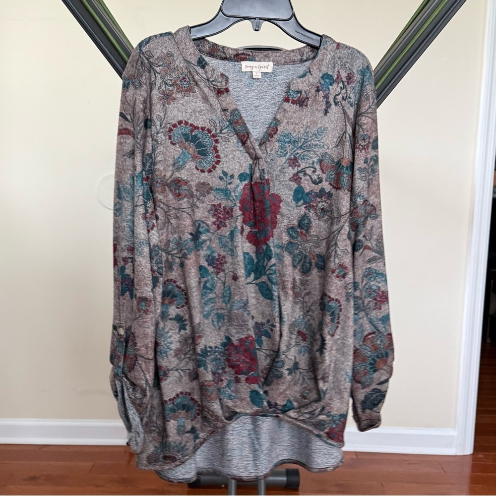 Song n Spirit Light Brown Floral Tunic 3/4 Sleeve High Low Hem Top Size Large